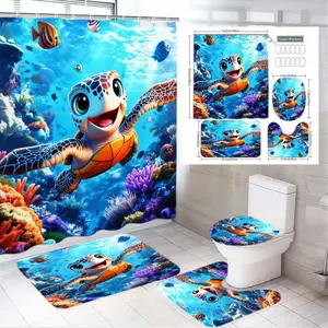 1/4pcs Underwater Theme Bathroom Set, Bathroom Decoration Accessories - Orange & Blue Sea Turtle Shower Curtain, Marine Life Bath Mat, Toilet Cover & Rug - Perfect for Spring/Summer Beach Themed, Ocean Party Decor, Nature Lover Bathroom, Birthda