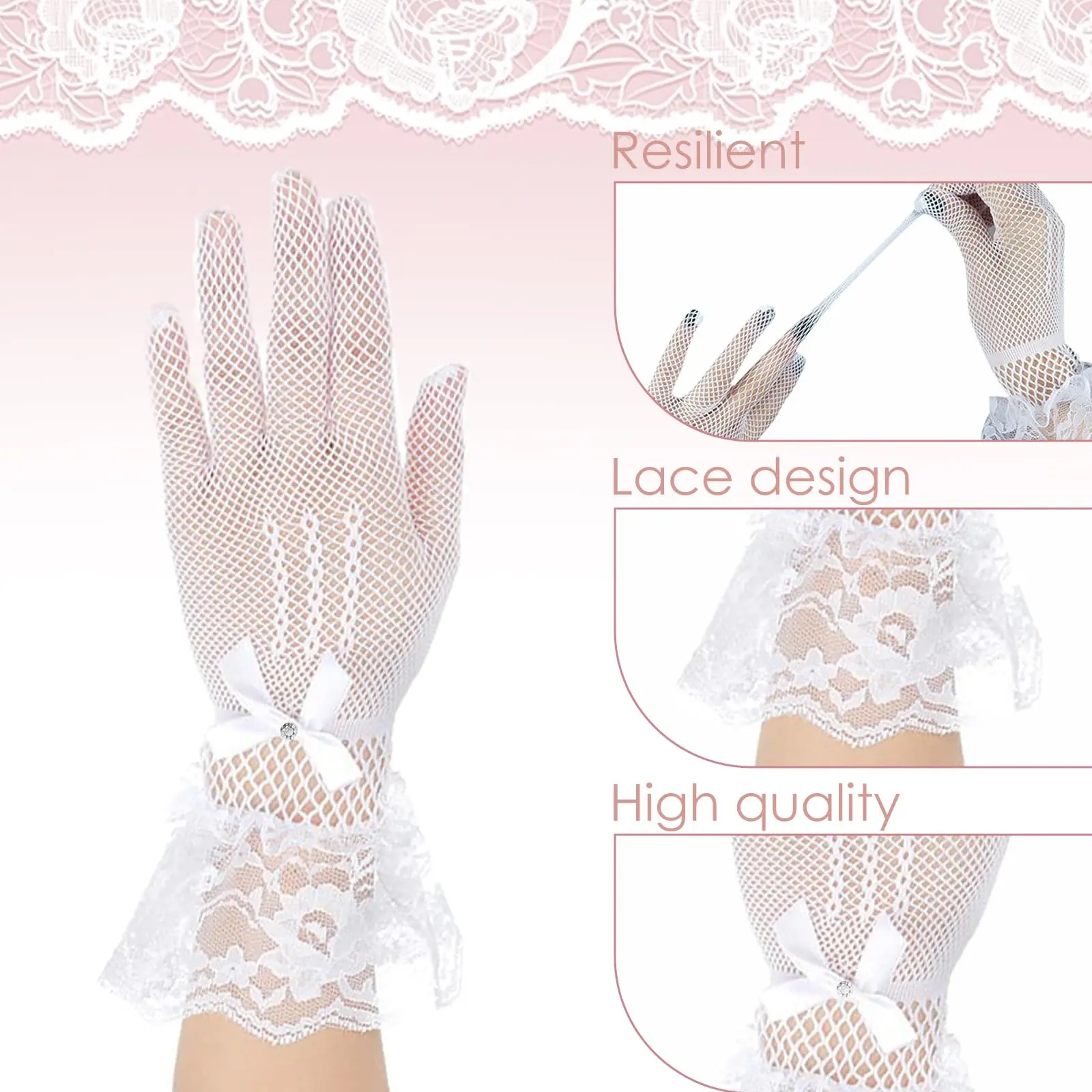 4 Pcs 50s Tea Party with Short Lace Gloves Lace Gloves Elegant Short Lace Tea Party Gloves for Womens  main image 2