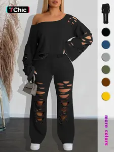Women's Ripped Asymmetrical Neck Jersey Pullover & Wide Leg Pants Set, Solid Long Sleeve Drop Shoulder Top & Ripped Trousers Set, Fashion Cozy Outfits for Daily Wear, Co-ord Sets for Women, Sweatsuit Set Outfit, Clothes, Womenswear