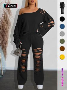 women's ripped asymmetrical neck pullover & wide leg pants set, solid drop shoulder top & ripped trousers set, fashion cozy outfits for daily wear, co-ord sets for women, sweatsuit set outfit