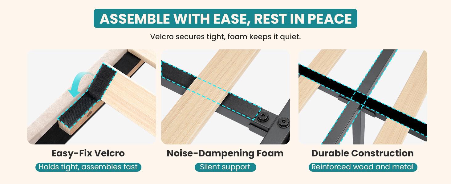 Bed Frame with Height-Adjustable Upholstered Headboard, Crystal Buckle Accents, Beige