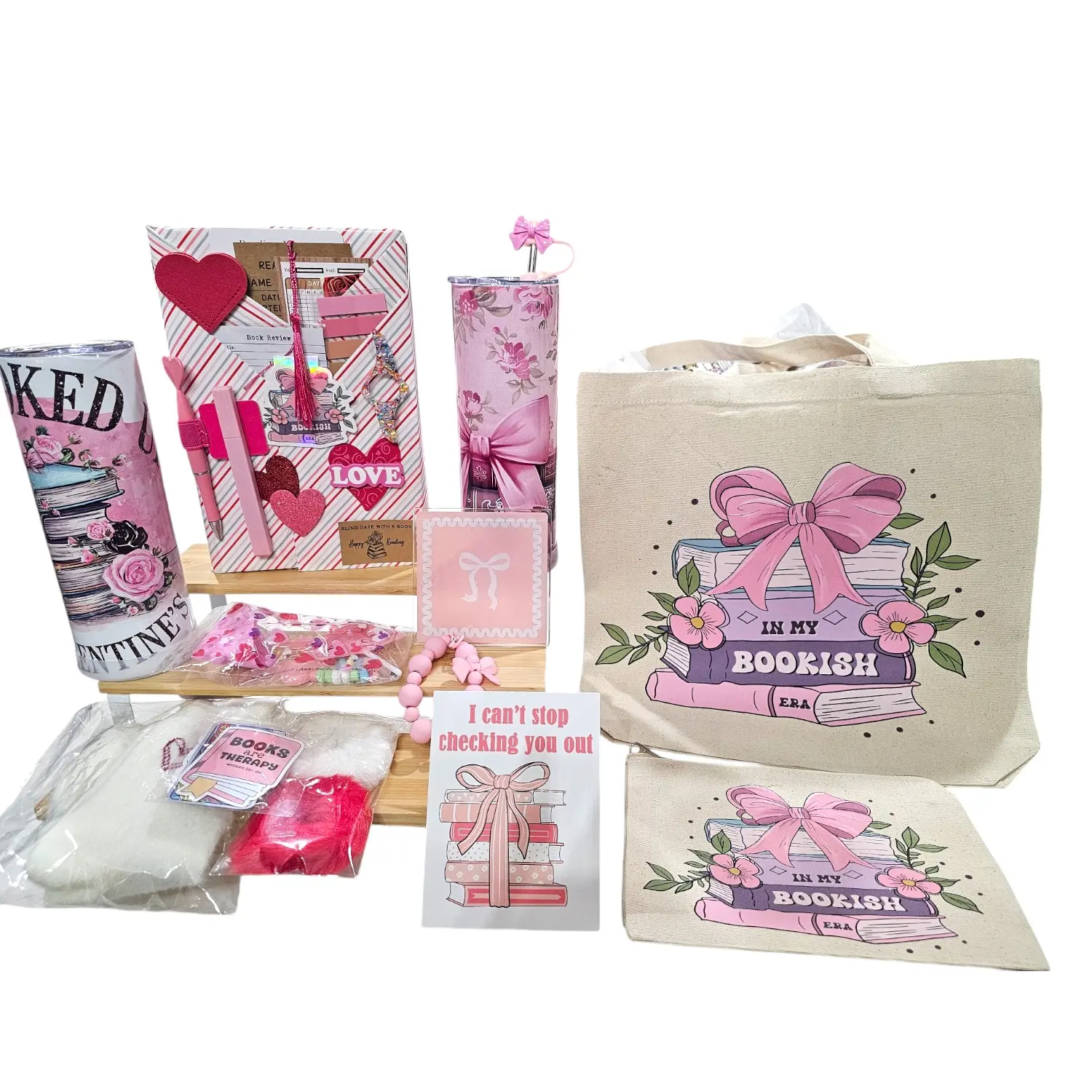 Pretty in Pink Office Stationery Supply Bundle Box - Blind Date with a Book Mystery Reading Gift Set, 20oz Acrylic Box, Hair Accessories, Cozy Socks, Bookmarks, Matching Pouch