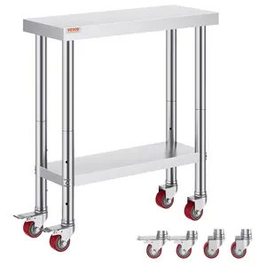 VEVOR Stainless Steel Work Table 30 x 12 x 34 Inch, 700 LBS Load Capacity with 4 Wheels, 3 Adjustable Height Levels, Heavy Duty Food Prep Worktable for Commercial Kitchen Restaurant, Silver