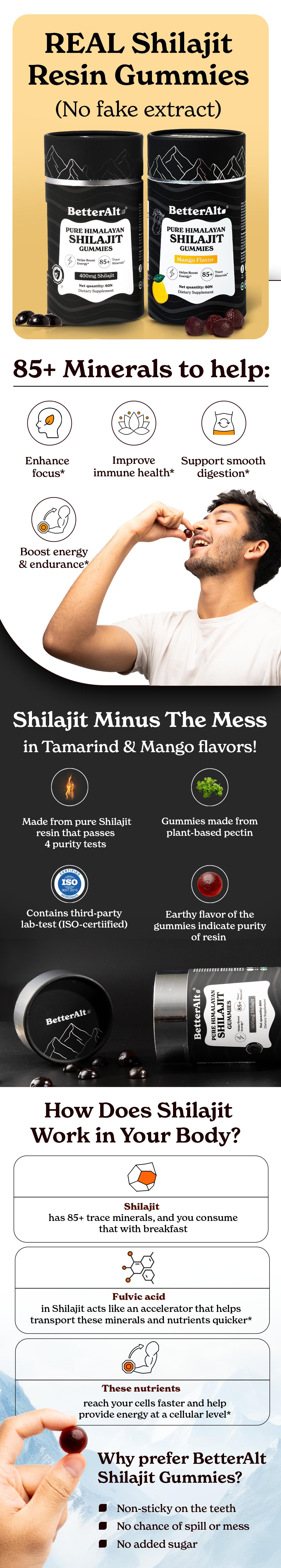 4 Packs of BetterAlt Pure Shilajit Resin Gummies | Tamarind & Mango Flavors | Helps Improve Stamina | Lab-Tested for Purity Healthcare Vitamin 4 Packs of BetterAlt Pure Shilajit Resin Gummies | Tamarind & Mango Flavors | Helps Improve Stamina | Lab-Tested for Purity Healthcare Vitamin