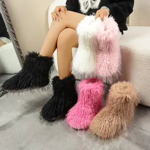 New Japanese Style Women's Winter Furry Boots, Fleece-Lined Height-Increasing Slip-On Tube Slippers Boots, College Style Student Versatile Fashionable Warm Boots, Available in 5 Colors, Furry Comfortable Non-Slip Thick Sole Large Size Wearable