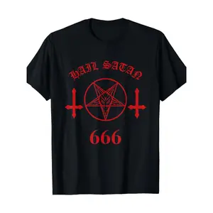 Men'S Black Satanic Pentagram Graphic T-Shirt - 100% Cotton Short Sleeve Crew Neck Casual Fit Tee with Bold WAIL SATAN 666 Red Cross Design, Lightweight Breathable Fabric for Casual Attire & All-Season Wear, Allseason Apparel |   Bold Graphic Tee |   Dura