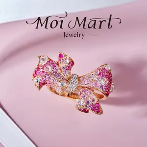 Pink Bow Synthetic Cubic Zirconia Ring - S925 Sliver  High-Quality Unique Butterfly Luxury Rose Golden Band, Anniversary Birthday Party jewelry gift