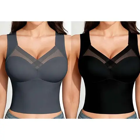 EssElegance Women's Twin Pack Wire-Free Deep Plunge Leisure Tops See-Through Criss-Cross Neckline Extended Band Padded Sports Bras Tummy Smoothing Yoga Tanks Multi-Wear Outerwear Bundle - Charcoal & Black