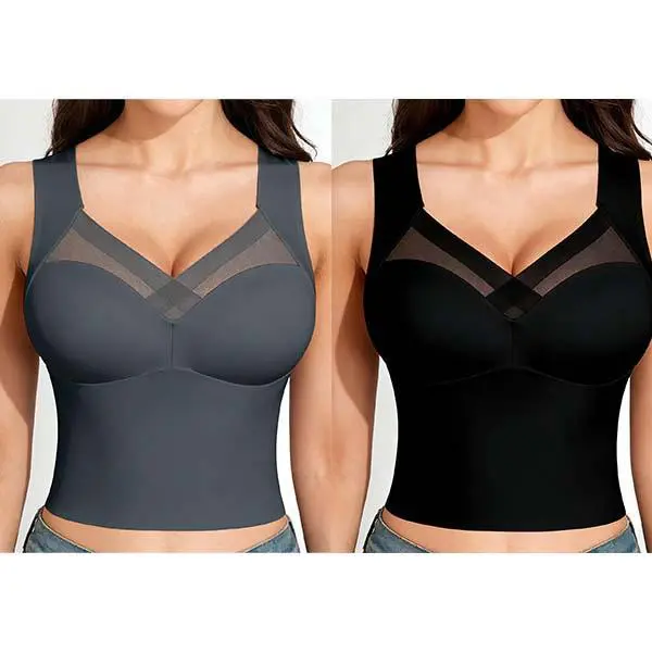 EssElegance Women's Twin Pack Wire-Free Deep Plunge Leisure Tops See-Through Criss-Cross Neckline Extended Band Padded Sports Bras Tummy Smoothing Yoga Tanks Multi-Wear Outerwear Bundle - Charcoal & Black