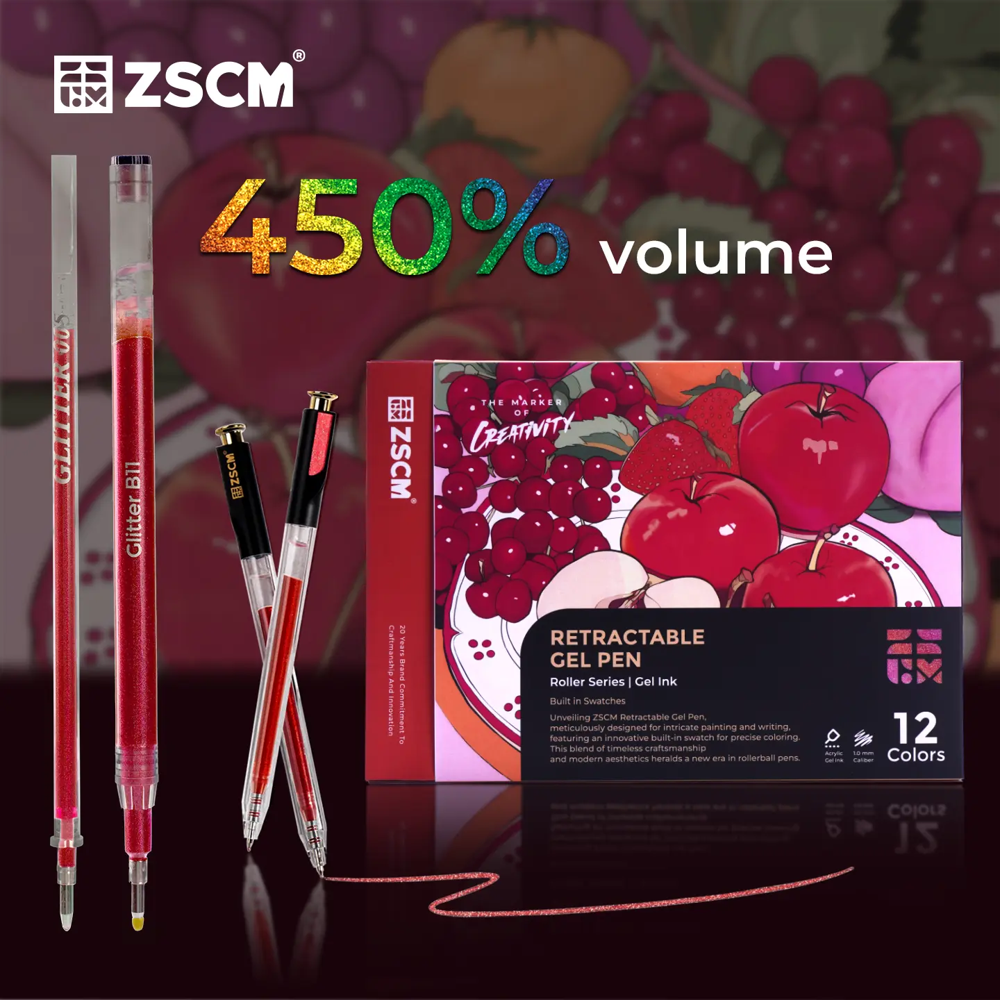 ZSCM Retractable Glitter Gel Pens, 12 Vibrant Yellow Shades, 1mm Fine Point, 450% Higher Volume Smooth Writing Office Stationery Supplies for Adult Coloring & Art Projects