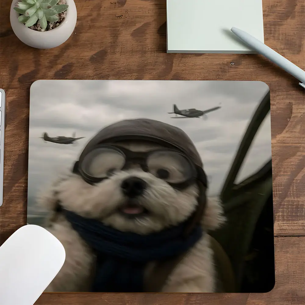 Pilot Dog Aviation-Themed Square Gaming Mouse Pad, Aesthetic Desktop Decorative Decoration Protective Pad, Rubber Anti-slip Lockedge Work Pad, Small Size Suitable for Laptop, Desktop Computer Games, Work, Family, Gaming Mousepad
