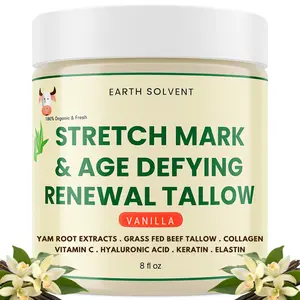 Earth Solvent Stretch Mark Repair & Age-Defying Renewal Grass Fed Beef Tallow Cream - Vanilla Scented, 8 fl oz, Firming Effect with Yam Root Extracts, Collagen, Hyaluronic Acid, Keratin, Elastin