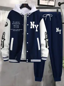 Men's Baseball Jacket Set 2 Piece Set Athleisure Wear Set Sporty Set Casual Sportswear Set Airport Outfits Fitted Polyester Fabric Fall & Winter Stylish Color block Design TikTokShopBlackFriday TikTokShopCyberMonday