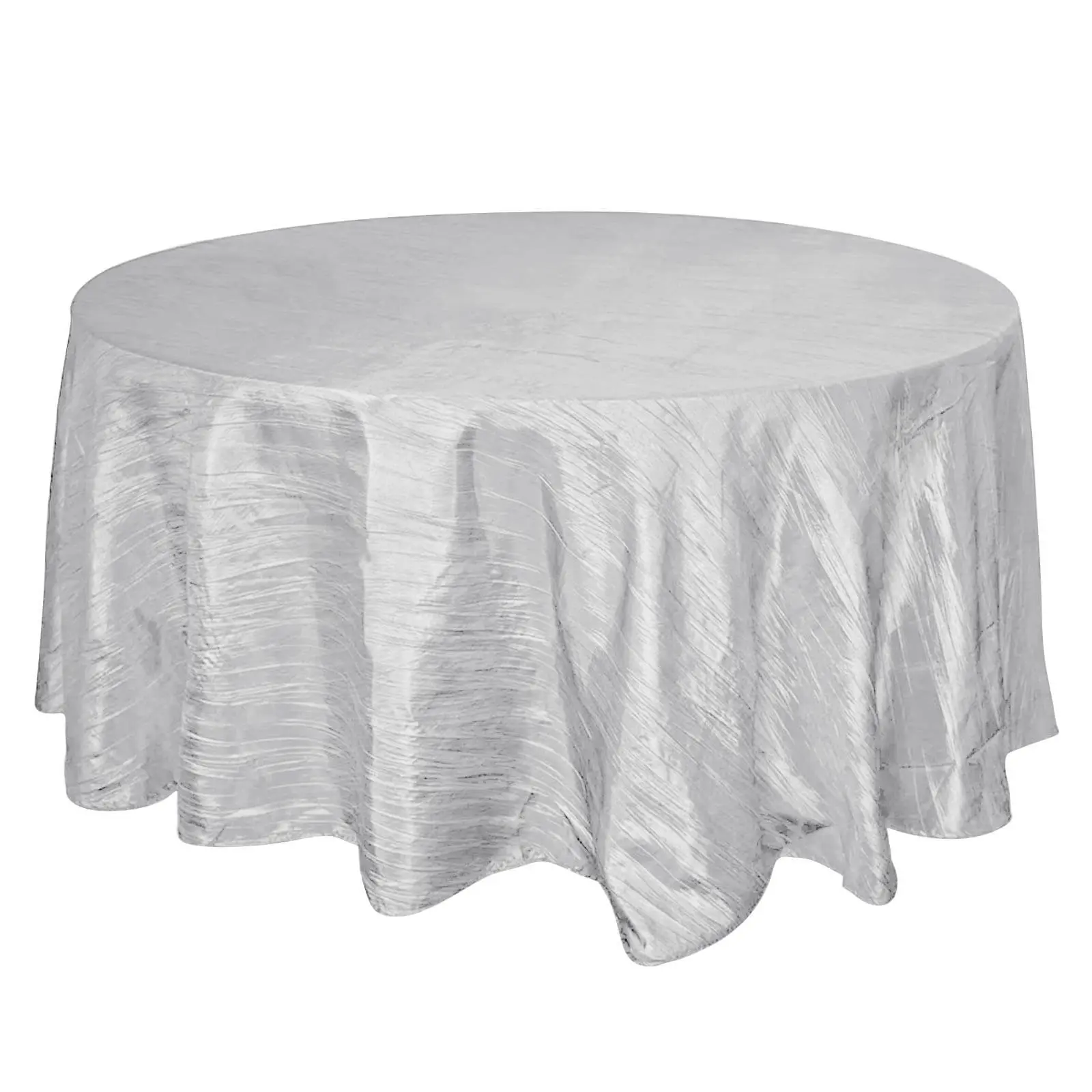 120" Round Silver Taffeta Seamless Accordion-Crinkled Machine Washable Large Outdoor Tablecloth, Patio Table & Furniture Cover for Wedding, Event Decoration, Large Outdoor Tablecloths