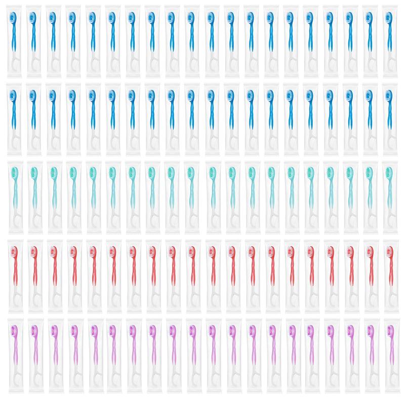 100 Count 5-in-1 Portable Disposable Toothbrushes with Toothpaste, Tongue Cleaner & Dental Floss, Individually Wrapped Multi-Color Mini Travel Toothbrushes, All-in-One Oral Care Kit for Adults Camping Hotel Business Trip