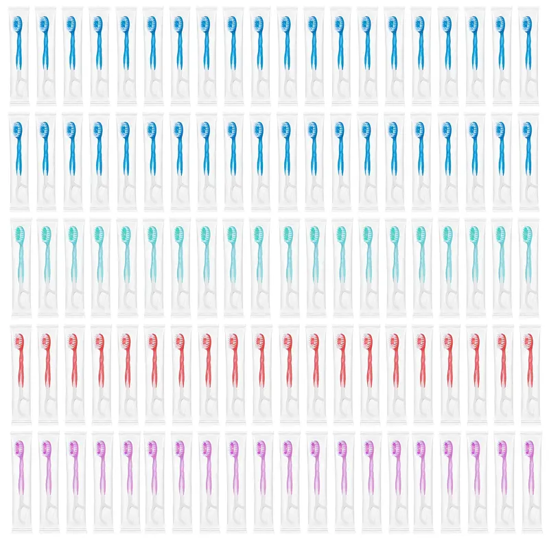 100 Count 5-in-1 Portable Disposable Toothbrushes with Toothpaste, Tongue Cleaner & Dental Floss, Individually Wrapped Multi-Color Mini Travel Toothbrushes, All-in-One Oral Care Kit for Adults Camping Hotel Business Trip