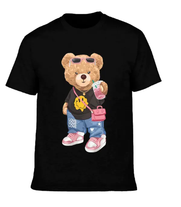 Women's Bear Print Tshirt, Cute Cartoon Style Lady Shortsleeve Top, 100% Cotton Round Neck with Casual Summer Fit