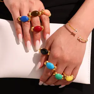 18K Gold-Plated Stainless Steel & Resin Ring Glass Bead Ring Dopamine-Inspired Color Palette | Perfect for Summer Outfits & Beach Vacations | Ideal Summer Gift | Fade-Resistant