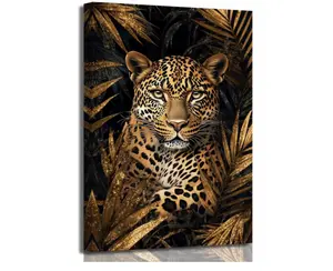 Leopard cheetah print Canvas Wall Art Black and Gold Cheetah Pictures Golden Leaves Prints African Jungle Wildlife Painting for Living Room Bathroom Decor Framed