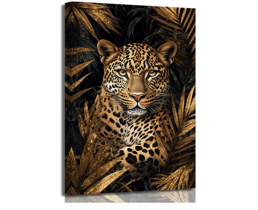 Artistic Framed Leopard-Cheetah Animal Print Wood Canvas Wall Art - Black and Gold African Jungle Leaves Hanging Decor, Wildlife Painting for Living Room, Decor Inspo Mother's Day Gift