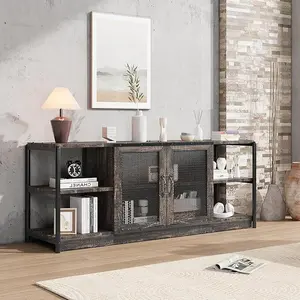 Tv Stand for 70 Inch TV, Industrial Entermainment Center with Storage Cabinet & 2 Mesh Doors, Wood Rustic TV Console, 2 Tier Farmhouse TV Table for Living Room, Bedroom, Rustic Oak