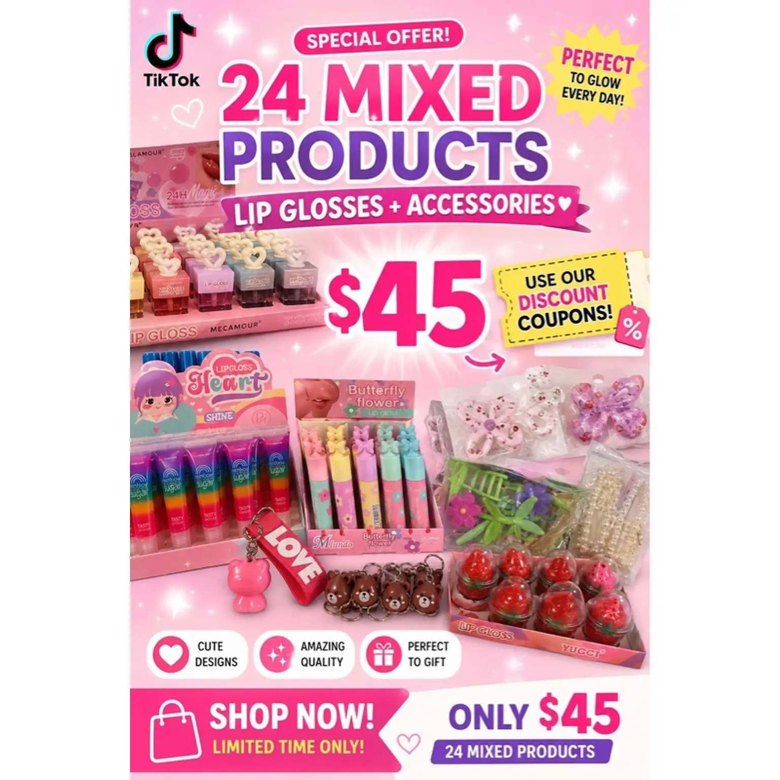 24-Piece Mixed Lip Glosses & Beauty Accessories Set - Cute Designs, High Quality, Ideal Gift Option - $45 Special Offer