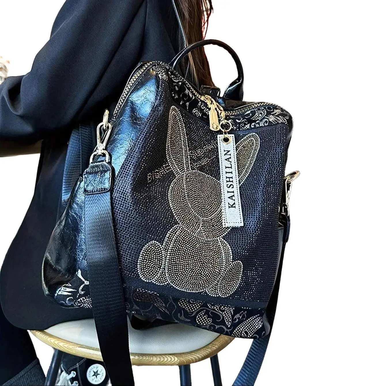 Women's PU Leather Fashion Backpack with Sparkling Rhinestones & Playful White Bunny Print, Large Capacity for Travel & Commuting, Large Size, Casual, Zipper, Pu Material, Travel/Commute, Rhinestone Accents, Playful Look, Girls, Comfortable To Wear, Durab