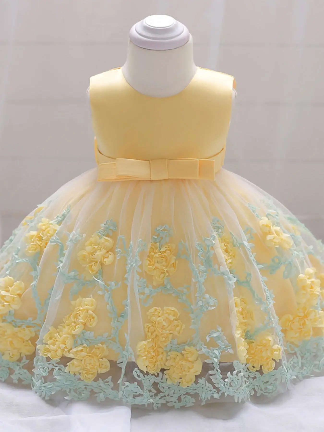 Baby Girl's Floral Applique Mesh Dress, Cute Sleeveless Round Neck Dress for Party Wedding Pageant, Infant Toddler Kids Clothes for All Seasons