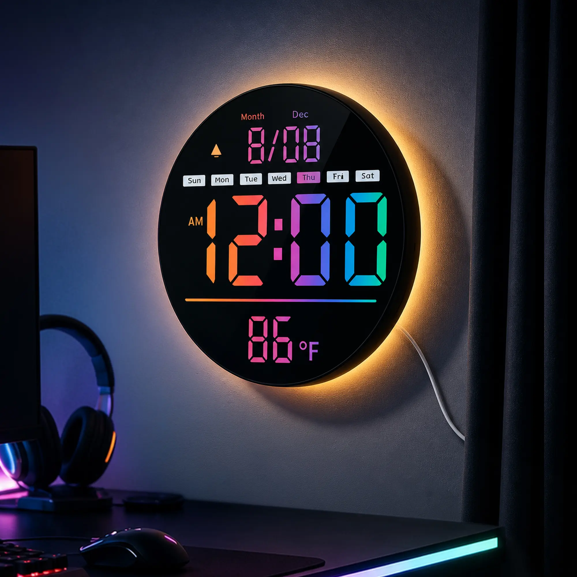 LEIKE 8-in Digital Wall Clock - Large Dimmable Clock with Remote Control, Colored LED Display, Temp, Date, Week, Countdown Timer, DST, Adjustable Brightness, 12/24H Format for Bedroom, Office (Home Decor, Home Accessory), Room Decor