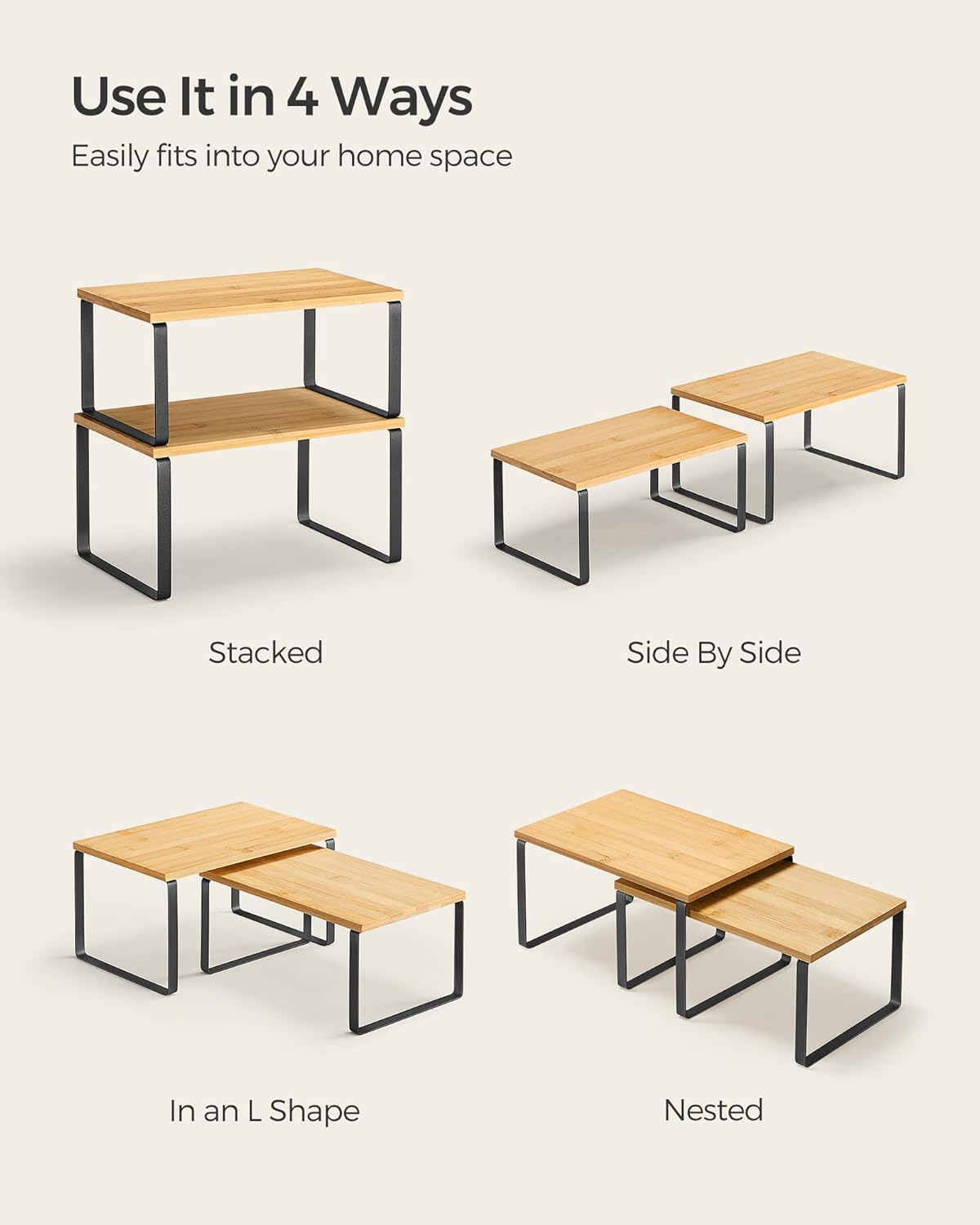 Set of 2 Cabinet Organizer Shelves Stackable Kitchen Counter Shelves Expandable Spice Rack Organizer Metal and Wood Storage Shelves for Countertop Pantry Cabinet Ink Black and Natural Beige