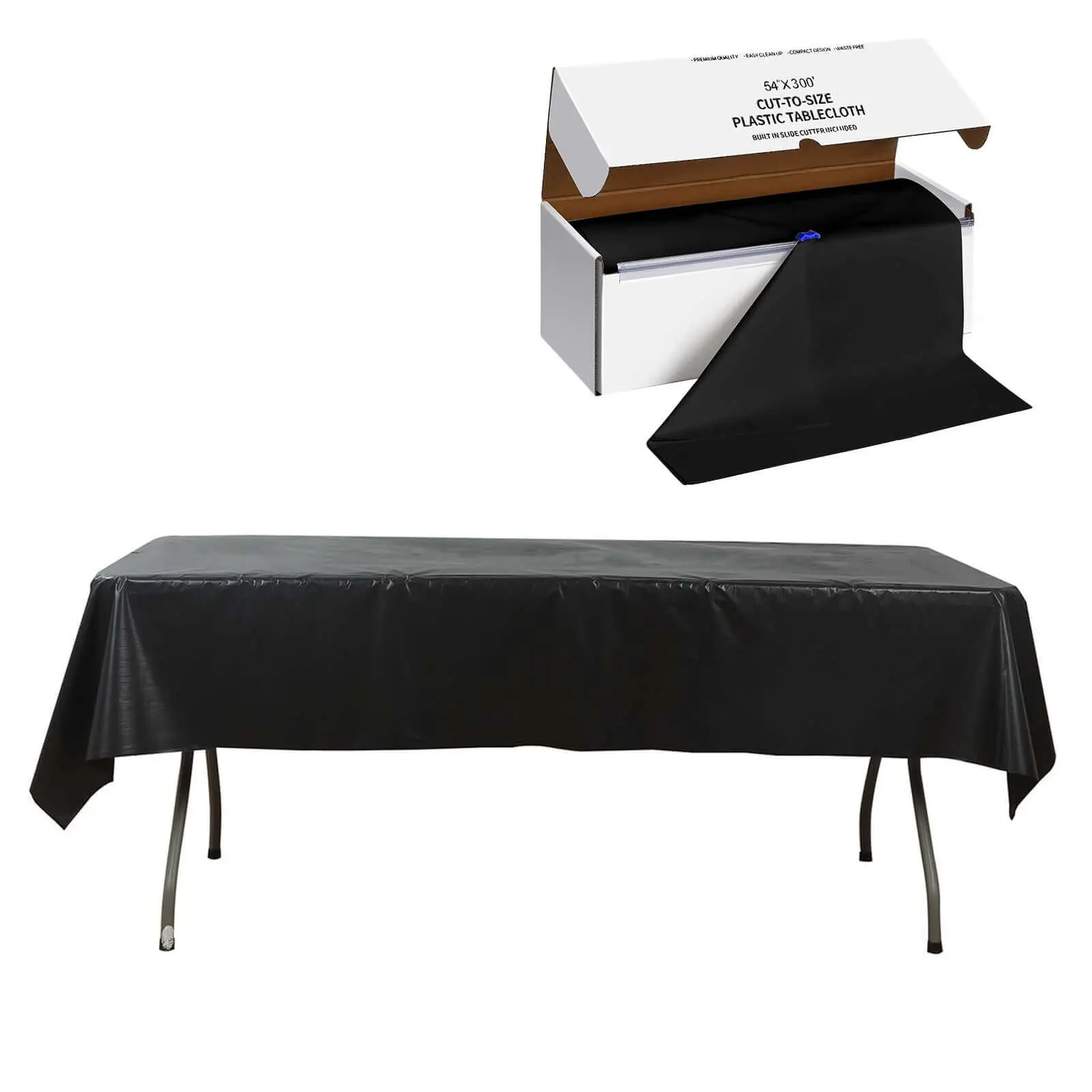 Disposable Plastic Table Cover Roll with Slide Cutter - 54"x300ft Black Customizable Tablecloth for Kids, Camping Table, Holiday Celebration