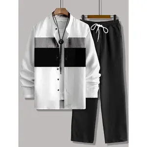 Men's Lounge Shirt Set, Button Down Long Sleeve and Long Pant Set, Two Piece Lounge, Suitable For Indoor and Outdoor Wear, Outdoor Sports, Beach Trips, And Other Activities.
