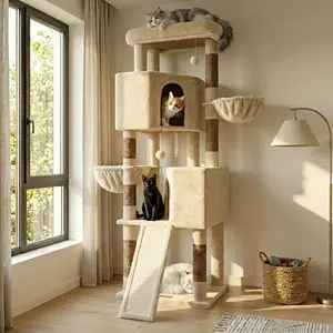 Heavy Duty 69” Cat Tree for Big Cats up to 20 lbs | Multi-Level Tower with Large Platform & 6 Sisal Scratching Posts with cozy plush cat perch