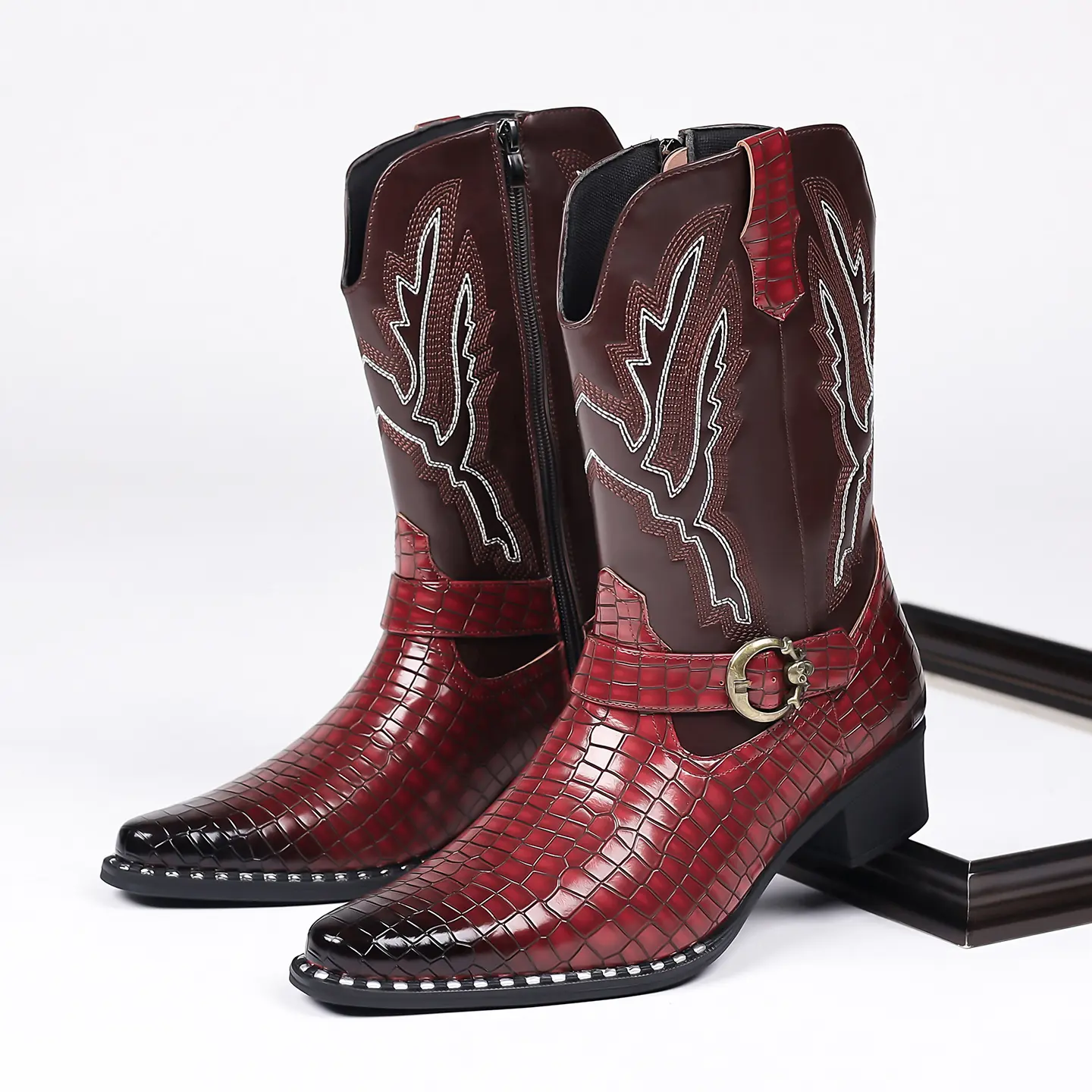 Men's Cowboy Boots Vintage Western Style Embroidered Design Crocodile Texture Leather Ankle Boots
