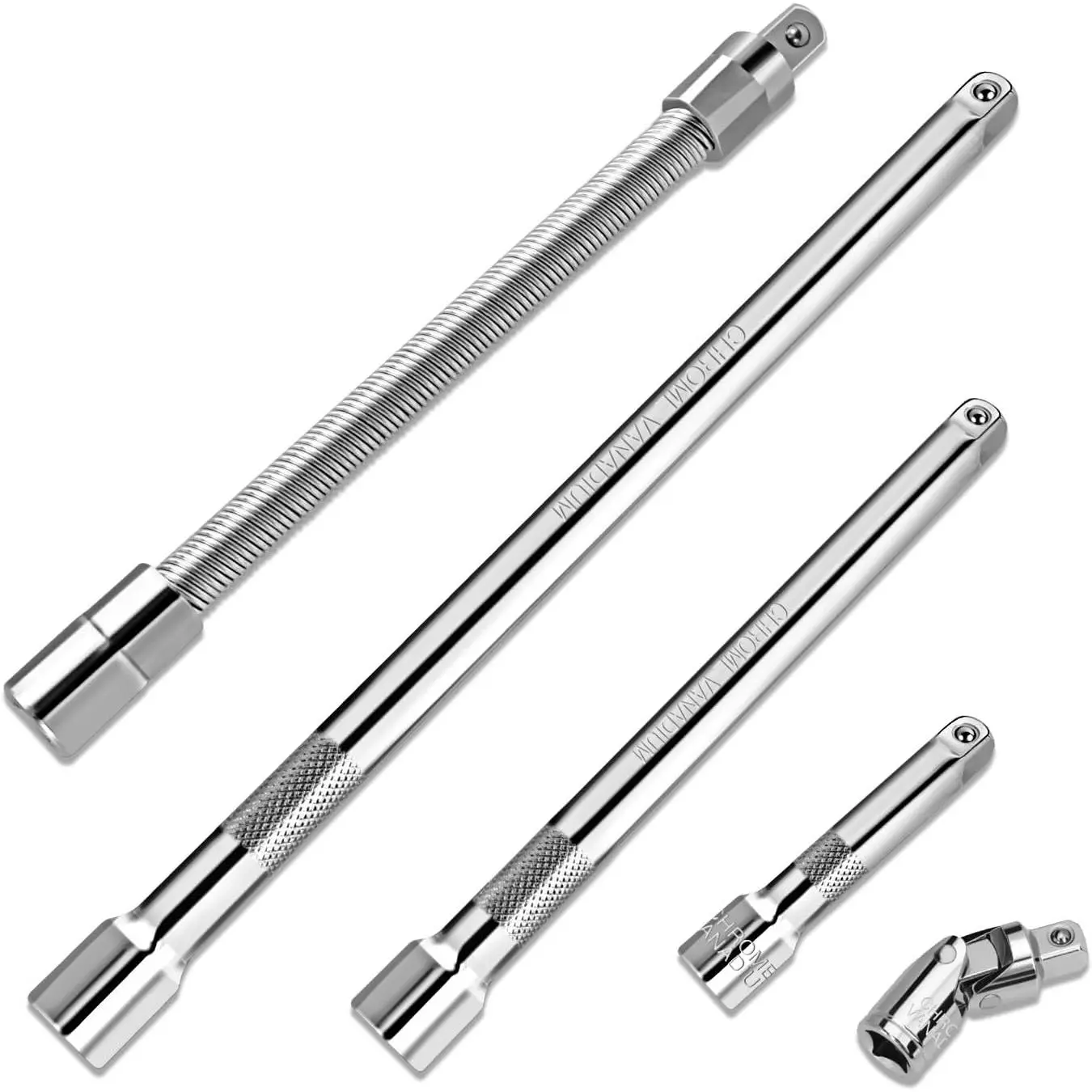 5-piece Set 1/ 4inch Drive Extension Rod Set, Including 2inch , 4inch and 6inch Extension Rods, 1/ 4inch Drive Universal Joint Socket and Flexible Socket Extension Rod