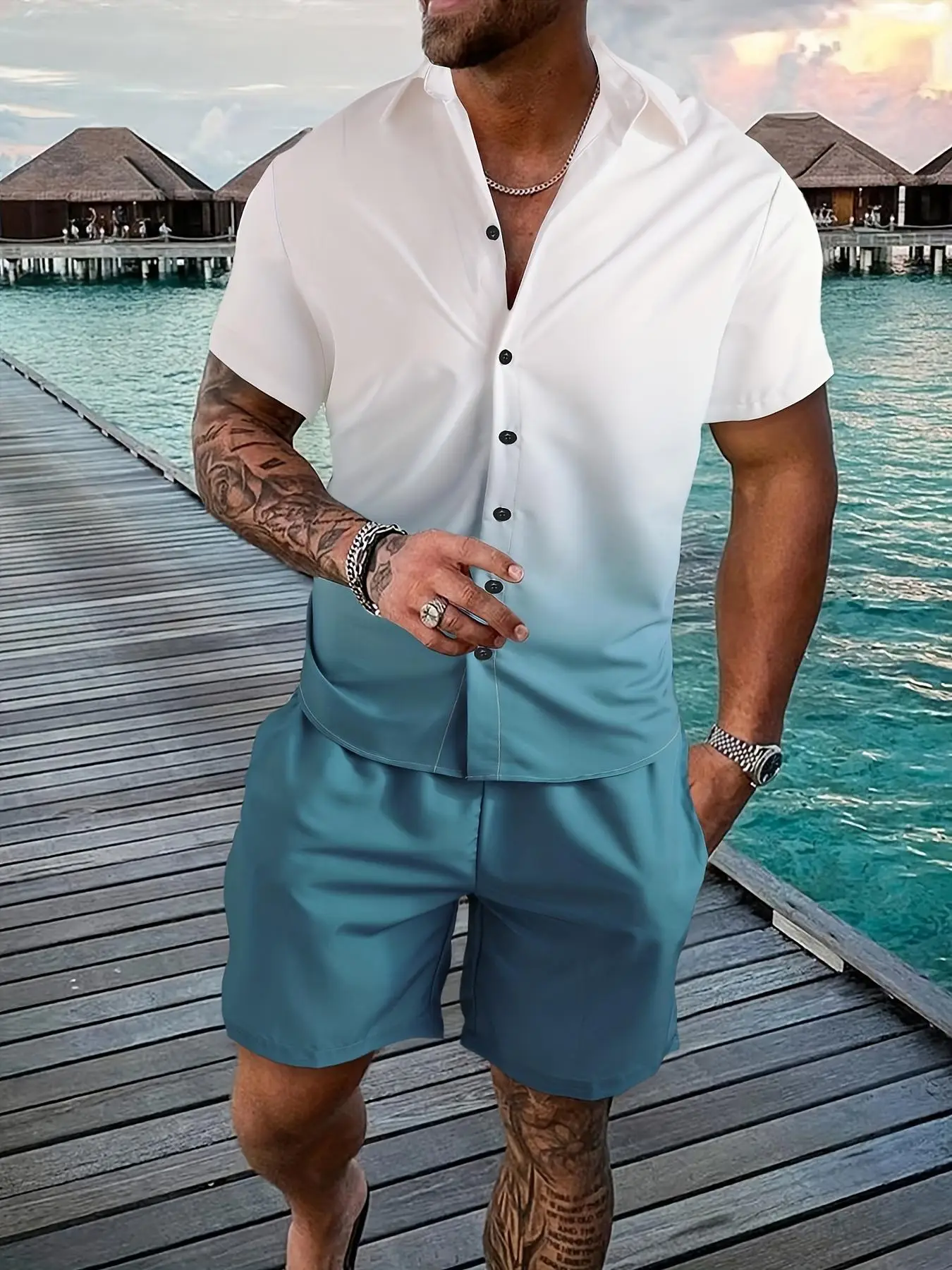 Two-Piece Set Men's Ombre Print Button Front Shirt & Drawstring Waist Shorts Set, Summer Outfits 2024, Short Sleeve Collared Shirt & Pocket Design Sh