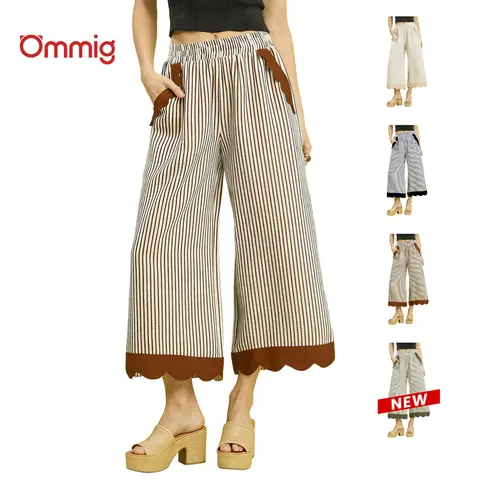 Ommig Women's Casual Chic Striped Wide Leg Above Ankle Pants - Elastic Waist, Ruffle Pockets, Scalloped Hem