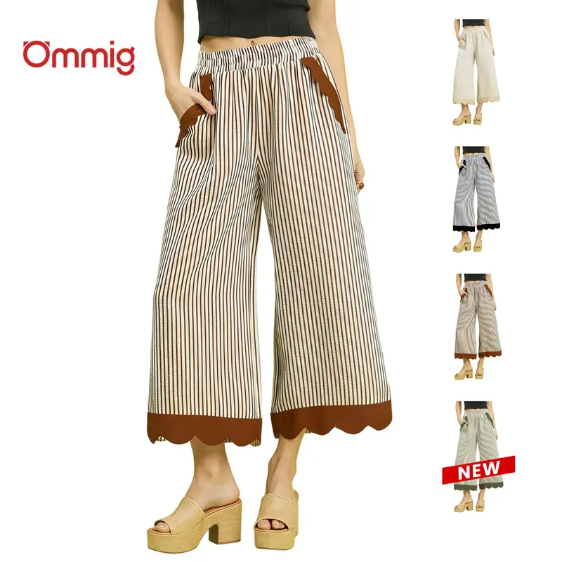 Ommig Women's Casual Chic Striped Wide Leg Above Ankle Pants - Elastic Waist, Ruffle Pockets, Scalloped Hem