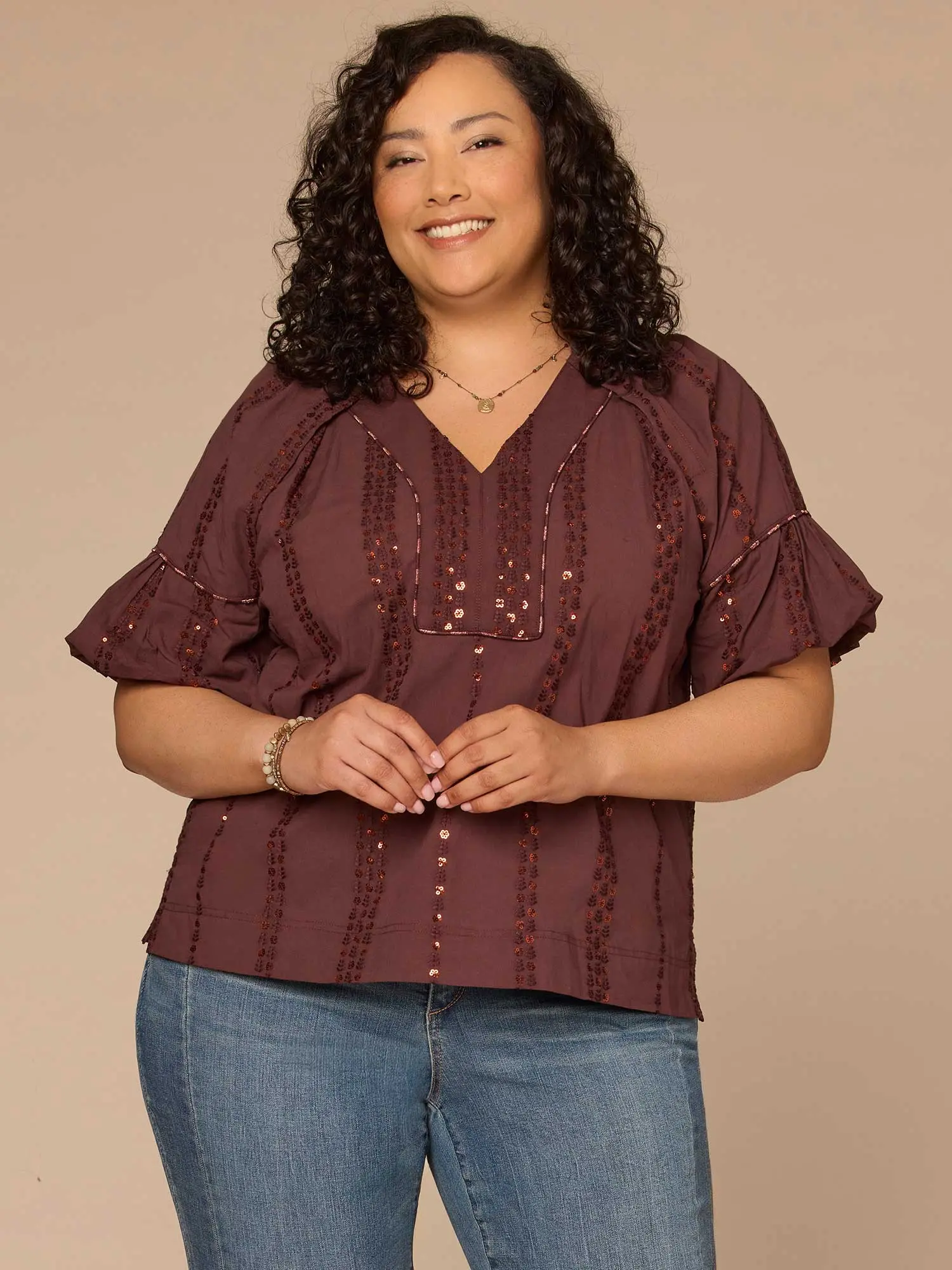 Short Banded Bubble Sleeve V-Neck Plus Size Woven Top with Embroidery