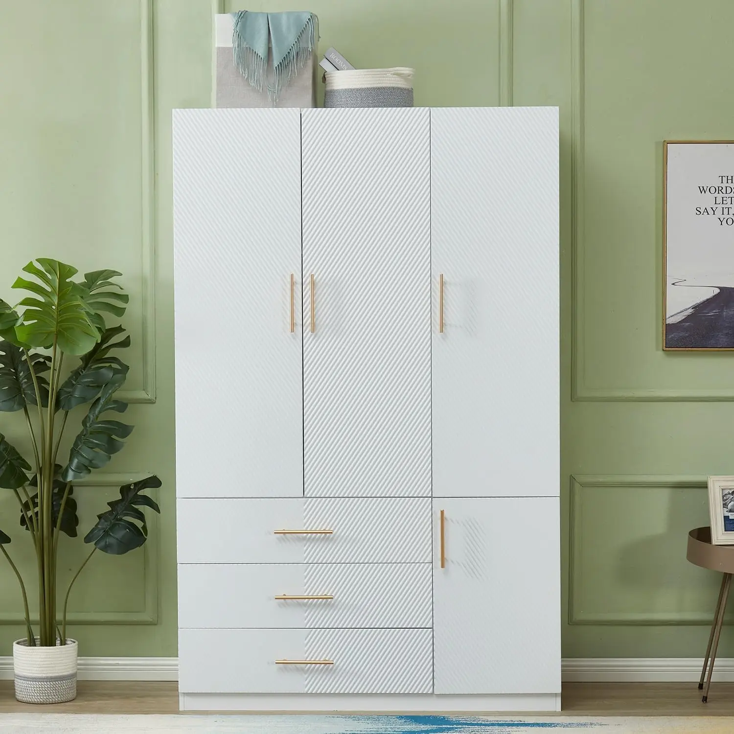Wooden Wardrobe Cabinet, 3 Door 3 Drawers Storage Cabinet for Large Capacity, White Closet with Hanging Rod and Storage