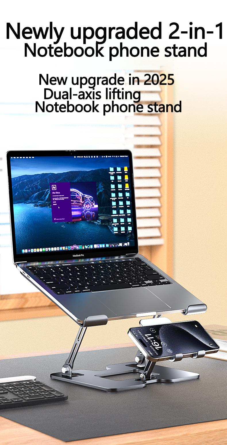 Laptop Stand Adjustable Foldable Aluminum 2-in-1 Multifunctional Hub for Gaming Laptop & Mobile Stand Super Stable Dual-turbo Cooling Computer Tablet