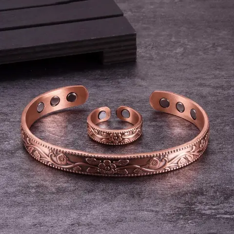 2pcs Vintage Simple Bracelet Ring Jewelry Set, Unisex Daily Wear, Elegant Random Print, All Seasons Accessory
