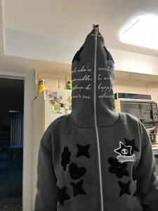 Star Pattern Embroidered Full Face Zip Soft Sweatshirt Hoodie Sweaters