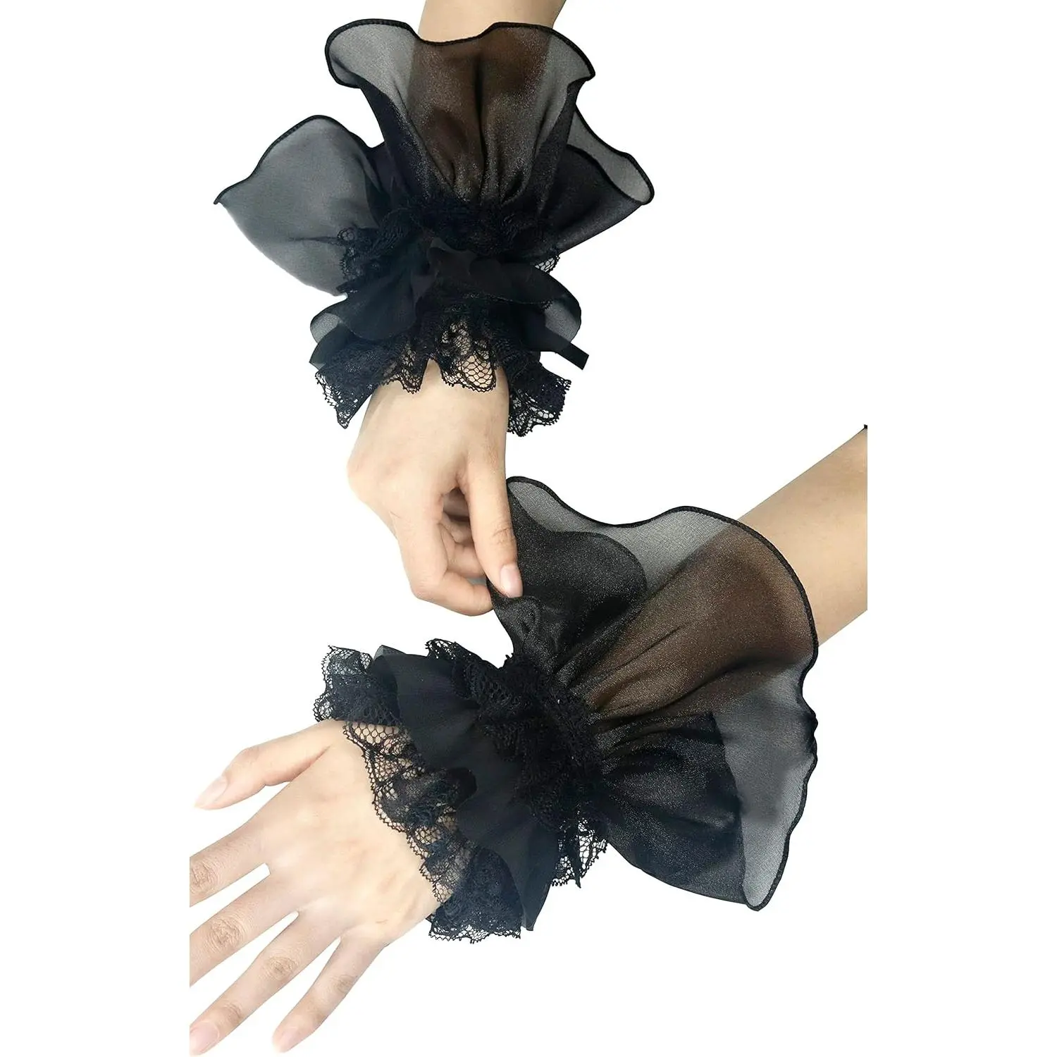 Women's Gothic Long Bridal Gloves - Sheer Lace Mesh, Feather Cuffs, Lace Accents - Halloween Costume, Wedding Party Accessories