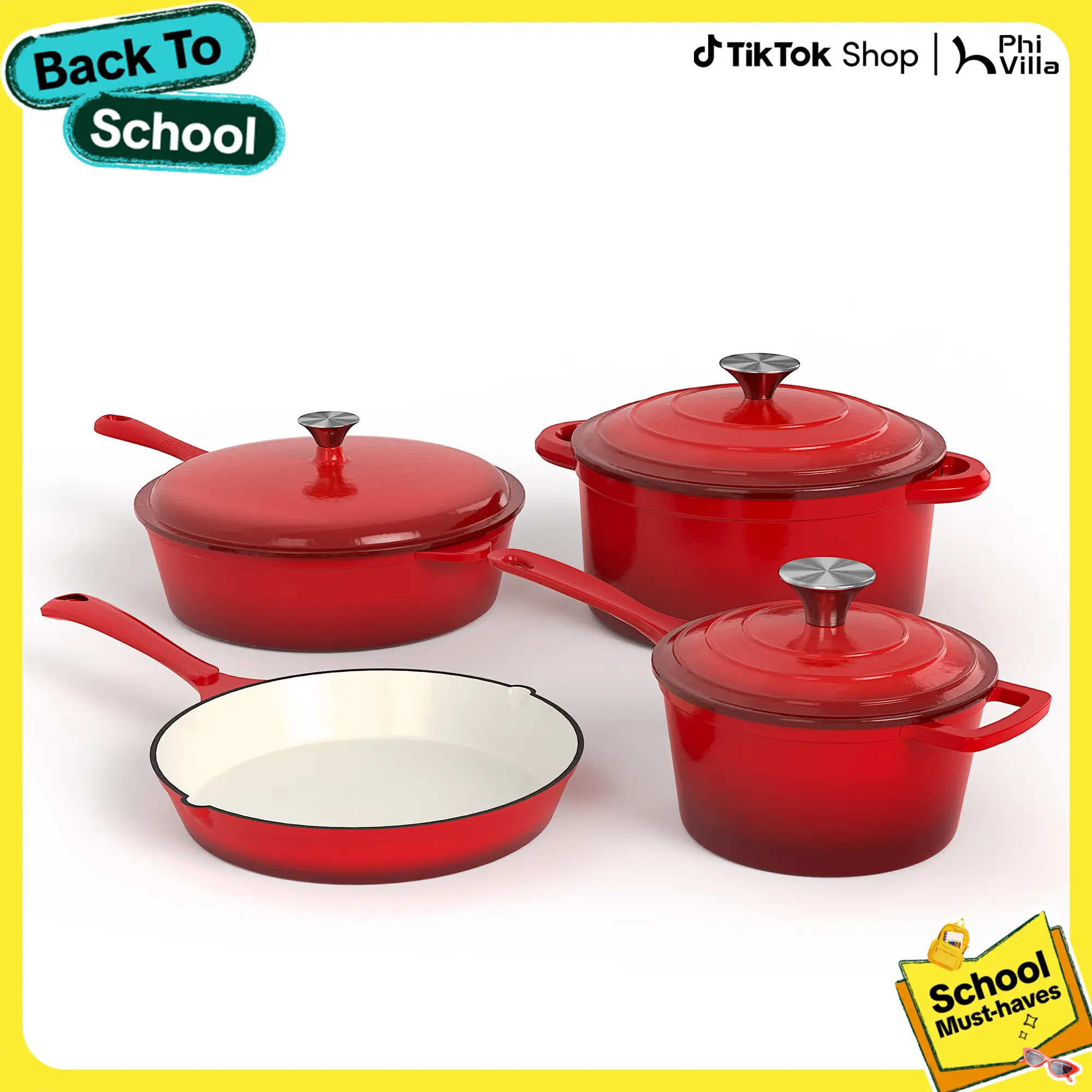 [Live] Kitchen Academy Enamel Cast Iron 7 Piece Cookware Set, Dutch Oven Pot with Lid, Red Non Stick Pots and Pans set, Oven Safe up to 500°F Cooking