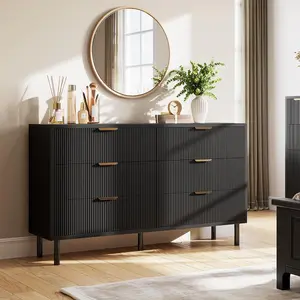 Black Wave Fluted 6-Drawer Dresser, Wide Wood Double Dresser with Metal Legs & Handles, Anti-Tip Design for Bedroom Living Room Hallway