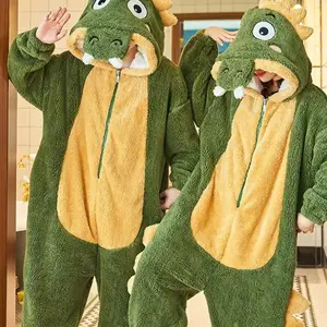 Unisex Cute Crocodile Design Flannel Hooded Jumpsuit, Casual Comfy Long Sleeve Zip Up Jumpsuit for Home Wear, Animal Cosplay Sleepwear for Men & Women, Pajama, Sleep Onesie