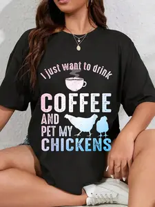 100% Cotton Funny Chicken Art For Men Women Coffee Lover Chicken Farmer T-Shirt Round Neck Short Sleeve T-Shirt Women's Men Graphic Tee Casual Fashionable Top Casual Boho Frill