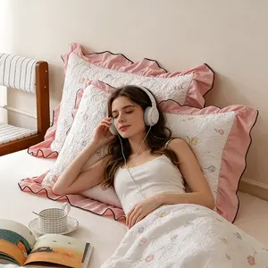 Floral Trim Pillowcase, Thick Quilted Anti-Oil Head Pillow Cover, Dual-Sided Use, Girl-Style Comfortable Bedding