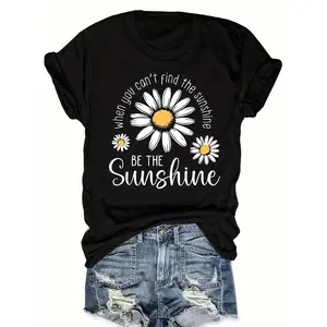 Sunshine-Shirt Men's 'Be The Sunshine' Daisy & 'Be The Sunshine' Lettering Retro T-Shirt - Soft Round Neck Casual Tee with Black & White Flower/Inspirational Print, All-Season Comfort Fit for Casual Attire, Machine Washable